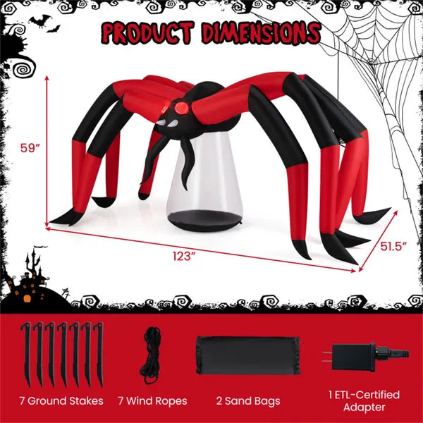10ft Wide 5ft Tall Giant Halloween Inflatable Spider - LED Head Light + 2 Red Eye Tunnel Lights, Black + Red Color - view 5