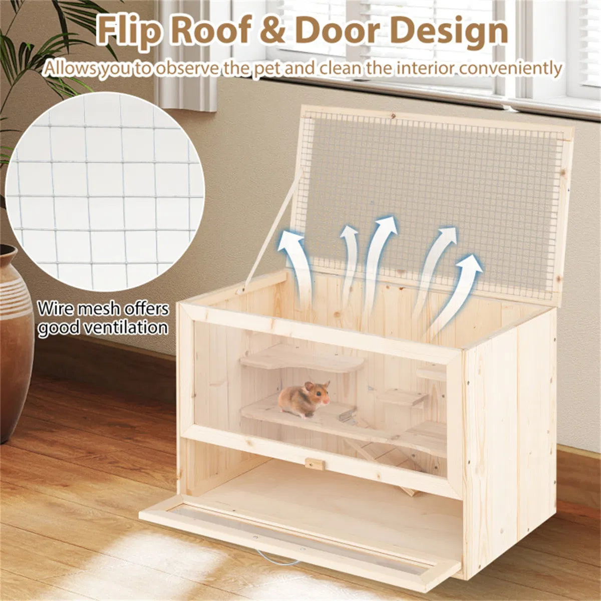 Fir Wood Hamster Cage with Flip Roof, Multi-Ladder Activity Areas for Guinea Pigs Hedgehogs - view 10
