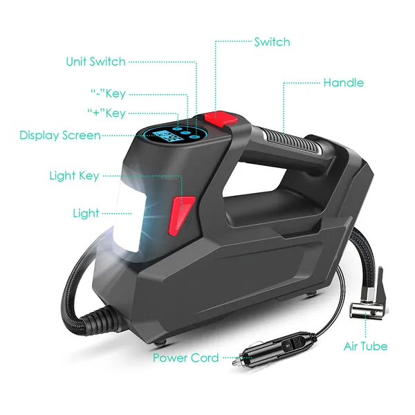 Portable Tire Inflator 120 PSI Maximum 90W Powered Tire With Digital Display LED Light - view 6