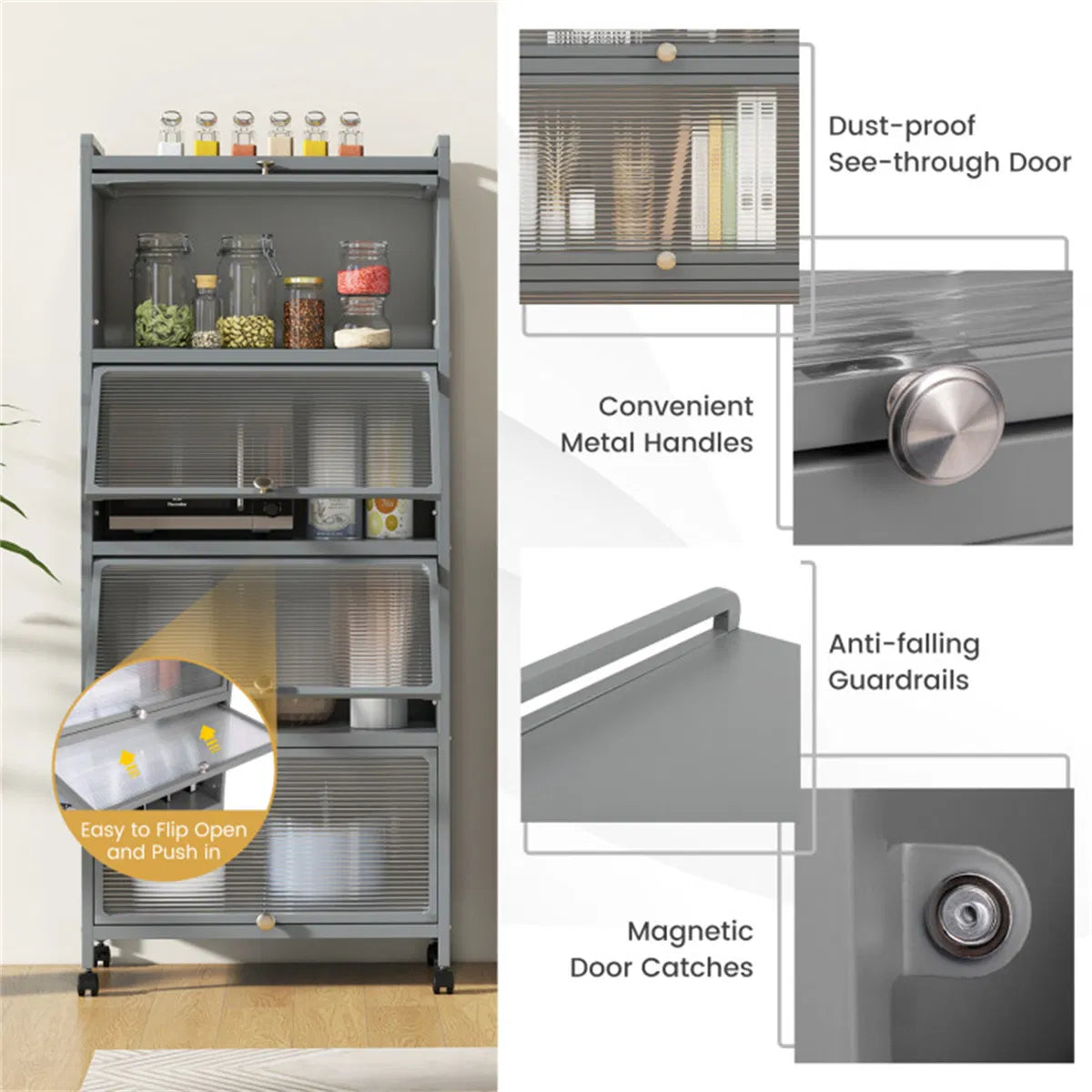 5-Tier Rolling Microwave Stand Flip Dust-Proof Doors 4 Casters with Brakes Kitchen Storage Rack Gray - view 10