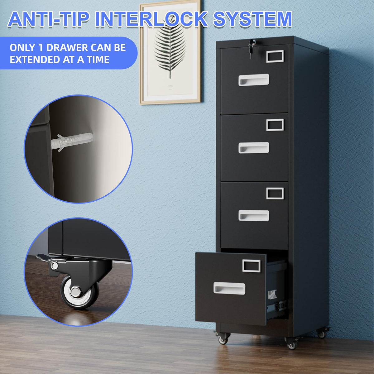 4 Drawer Vertical File Cabinet On Wheels, Lockable Office Files Storage Cabinet With Handle And Name Card - view 10