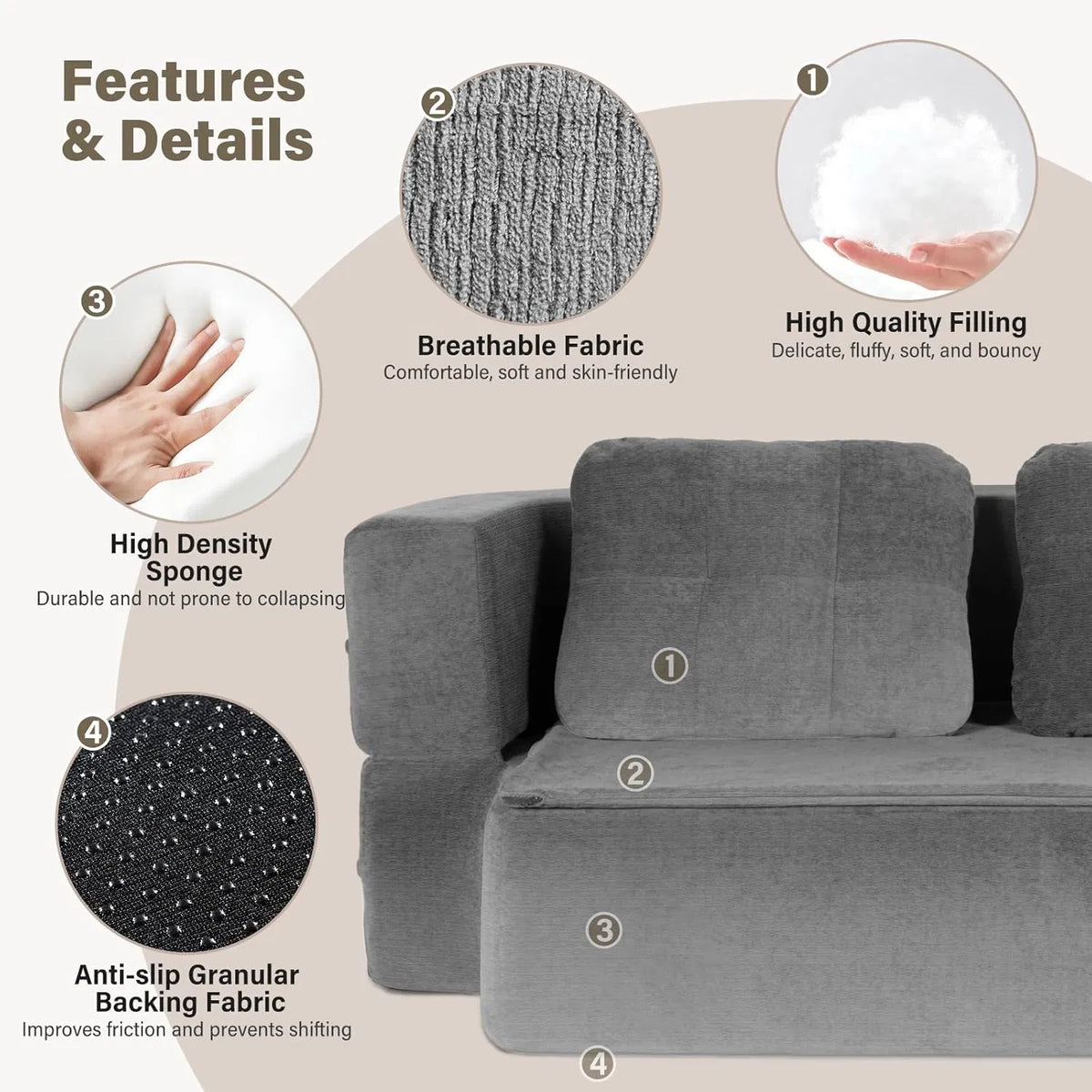 Convertible Sofa Bed with Blanket, Boneless Cloud Couch Queen Scott Fabric for Living Room Bedroom - view 6