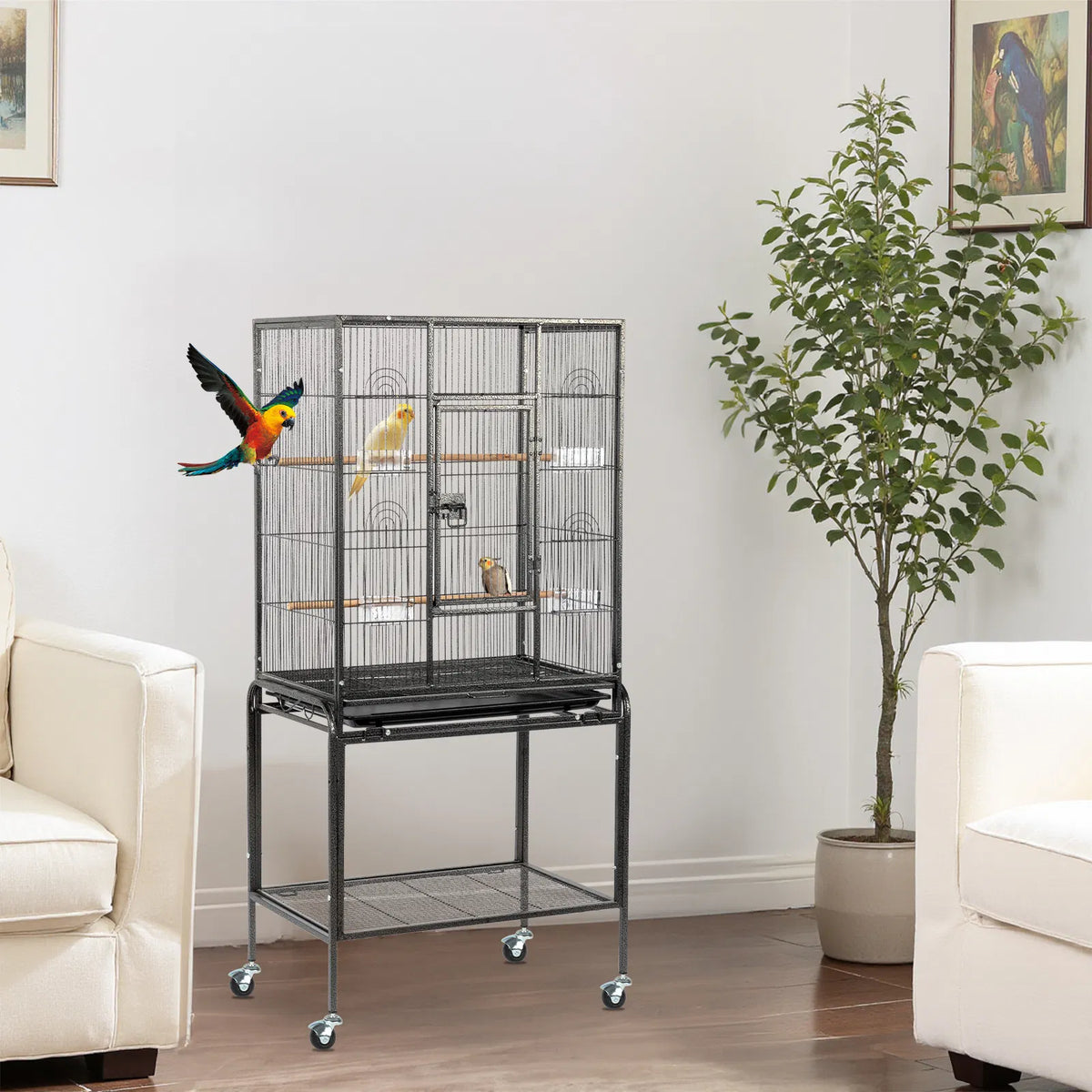 53" Large Flight Bird Cage with Rolling Stand & Storage Shelf for Parrots Lovebird Cockatiel Parakeets, Black - view 10