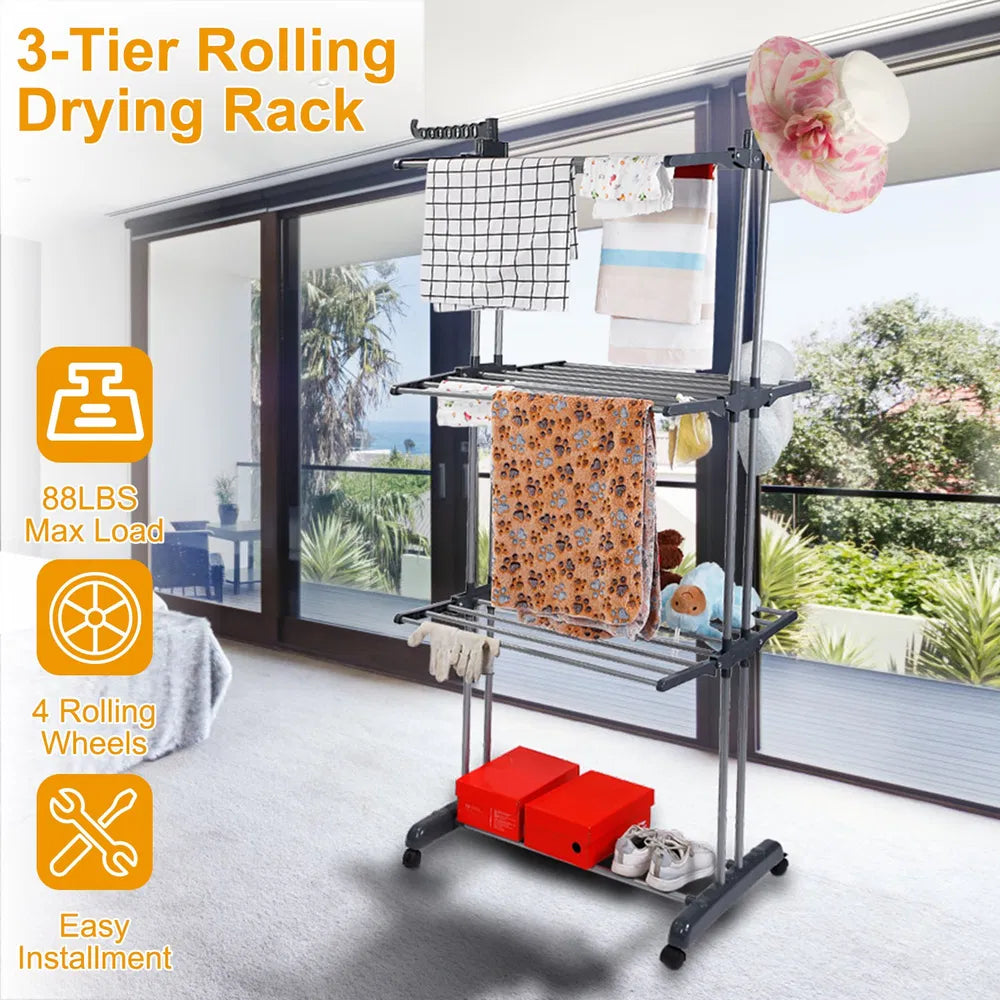 Clothes Drying Rack Rolling Collapsible Laundry Dryer Hanger Stand Rail Shelve Wardrobe Clothing Drying Racks - view 6