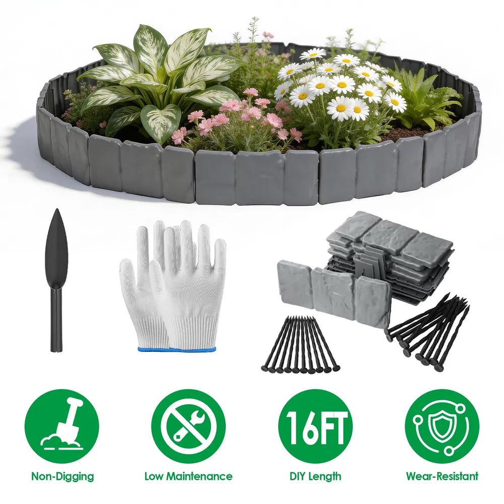 16FT Non-Digging Plastic Landscape Edging 20Pcs Faux Cobbled Stone Garden Borders With 20 Spikes Shovel Gloves Flexible - view 6