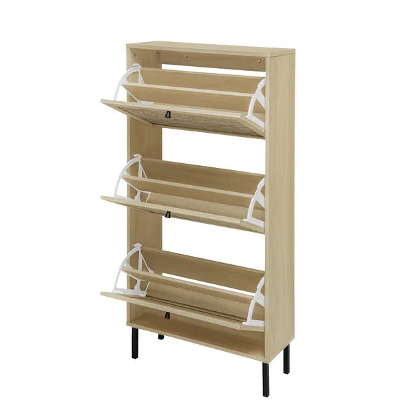 Rattan 3 Door Shoe Rack, Freestanding Modern Shoe Storage Cabinet, For Entryway - view 5
