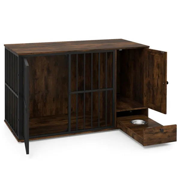 Coffee 2-in-1 Dog Crate End Table With Pull-Out Feeder, Chew-Resistant Metal Tube Pet Furniture For Small & Medium Dogs - view 5