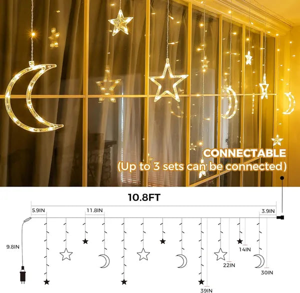 Ramadan Solar Icicle Lights,Outdoor Waterproof Moons Stars Curtain Window String With 8 Modes Timer Remote - view 5