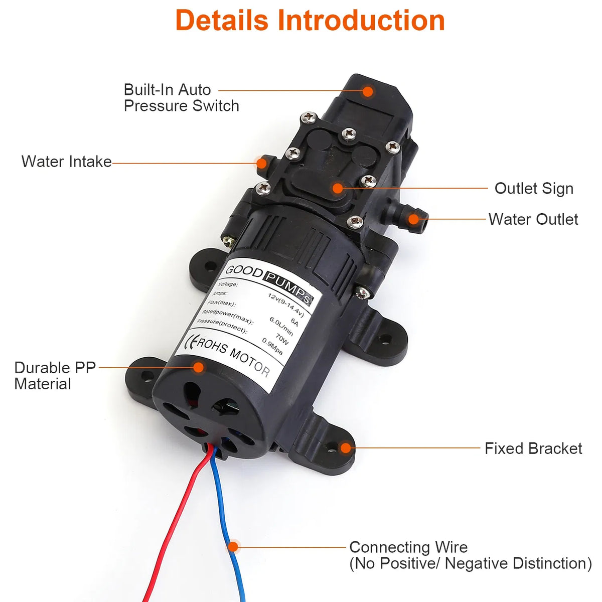 12V Water With 2 Hose Clamps 130PSI Self Priming Sprayer 70W Electric Diaphragm Water 6L Min For RV Camper Marine Boat - view 8