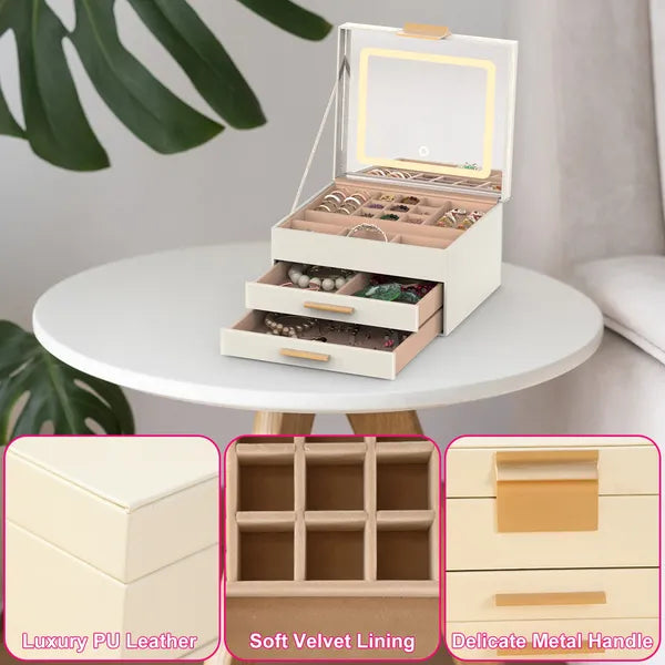 Jewelry Box With LED Mirror 3-Layer Jewelry Organizer With 2 Drawers PU Jewelry Holder With 3 Mirror Light Colors - view 5