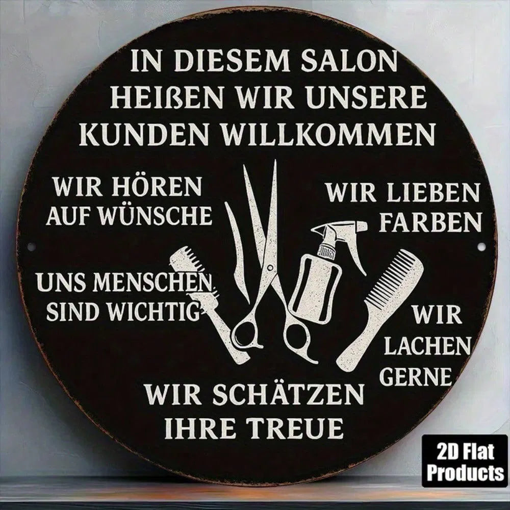 1pc Vintage German & French Welcome Sign, 8-Inch Round Hair Salon Wall Decor With Barber Pole Scissors & Comb Design - view 6