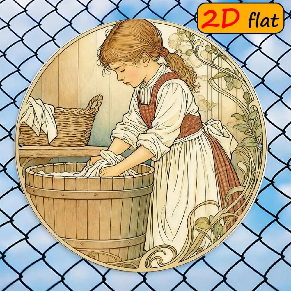 2D Flat Round Aluminum Sign Vintage Girl Doing, Vintage Girl, Doing Laundry Wall Decor 7.87x7.87 Inch Outdoor Kitchen - view 6