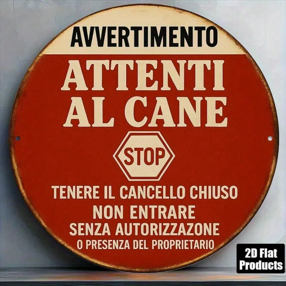 1pc Vintage Italian "Beware Of Dog" Warning Sign, 8-Inch Round Metal Plaque With Stop Symbol & Dog Icon - view 6