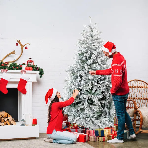 7 FT Pre-lit Snow Flocked Christmas Tree, Artificial Hinged Xmas Pine Tree With 1100 Branch Tips - view 10