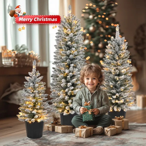 Set Of 3 Pre-lit Xmas Trees With Pot Stands, Snow Flocked Artificial Christmas Trees WithWarm Lights Battery Operated - view 6