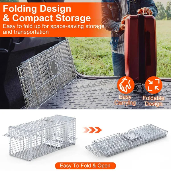Live Animal Trap Cage 37x14x15in Folding Catch And Release Humane Cat Trap Galvanized Iron For Raccoons Foxes Coyotes - view 10