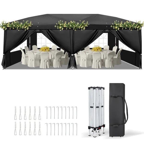 10' x20' Instant Pop Up Canopy Tent Black, 6 Panels 2 Doors 4 Mesh Windows, 28 And 22mm Powder Coated Steel Frame - view 6
