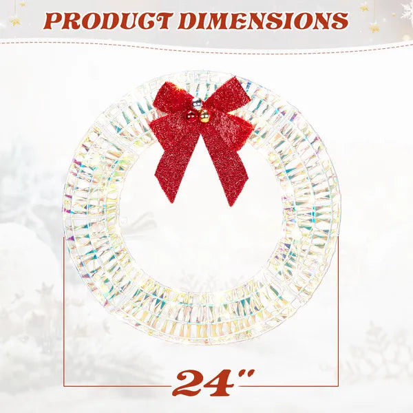 24in Pre-lit Iridescent Outdoor Christmas Wreath Decoration, Lighted Metal Wreath With Red Bow, Warm White LED Lights - view 5