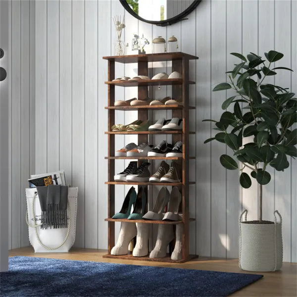 7-Tier Double-Row Shoe Rack With Adjustable Shelves, Anti-Tipping Narrow Storage Rack For Entryway Closet-Rustic Brown - view 5