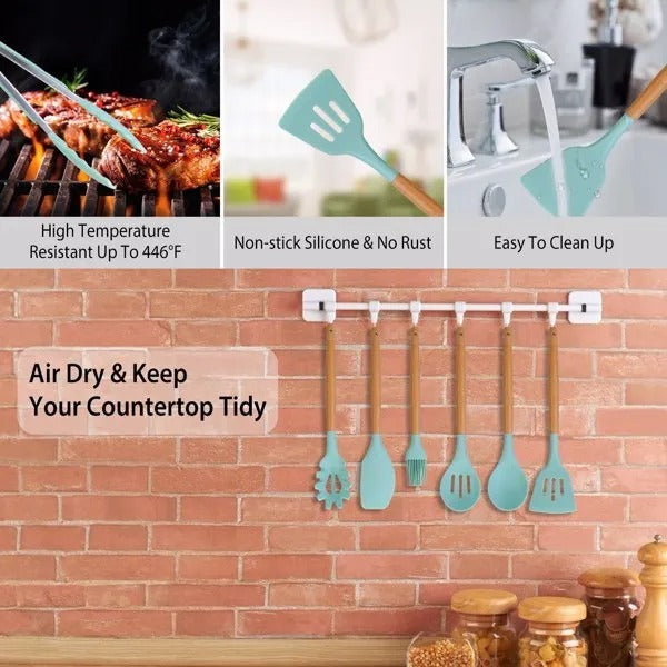 11Pcs Silicone Cooking Utensil Set Heat Resist Wooden Handle Silicone Spatula Ladle Spaghetti Server Tongs Spoon Egg - view 5