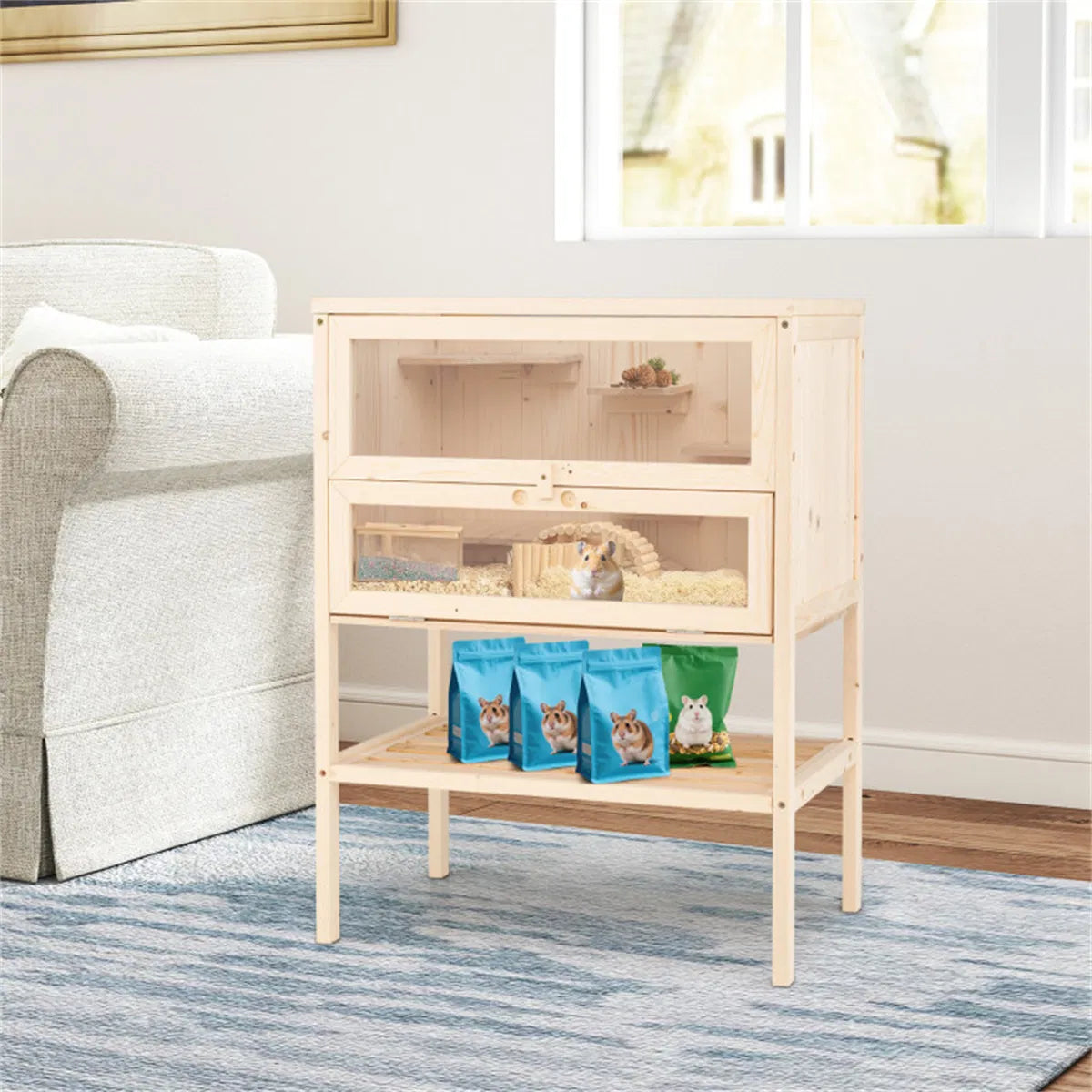 31.5 " Fir Wood Hamster Cage with Flip Mesh Roof, Multi-Level Activity Areas & Bottom Storage Shelf - view 10