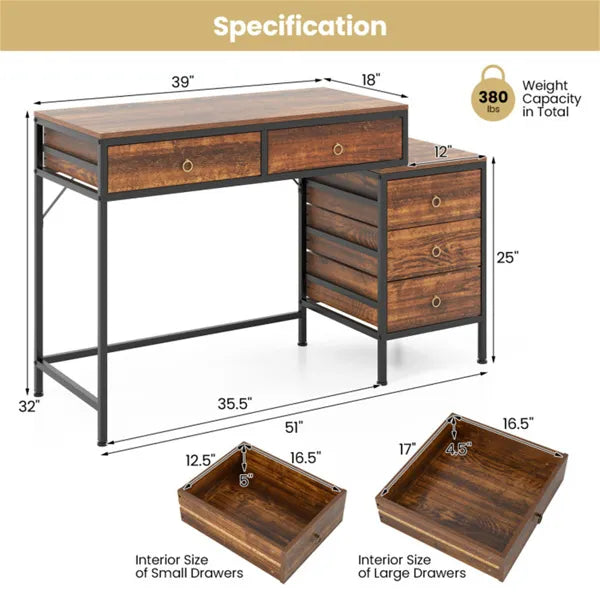 Home Office Dual Desktop Desk With 5 Storage Drawers, Powder-Coated Metal Frame Engineered Wood - view 6