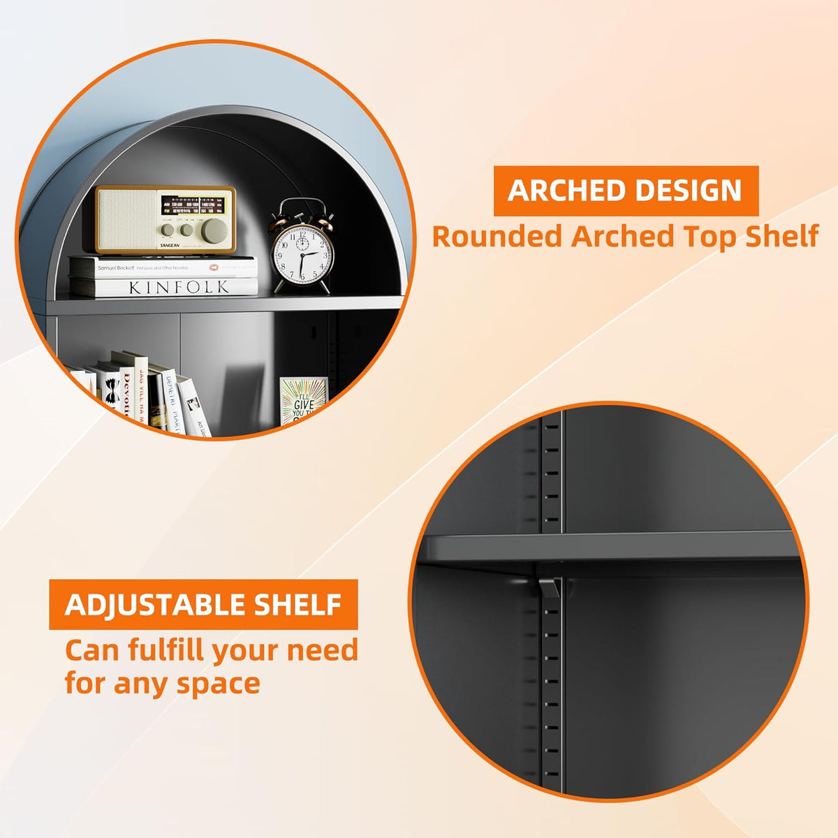 Metal Arched Bookcase With Wheels, Modern Freestanding Black Arch Storage Cabinets For Home Office Bookshelf Living Room - view 9