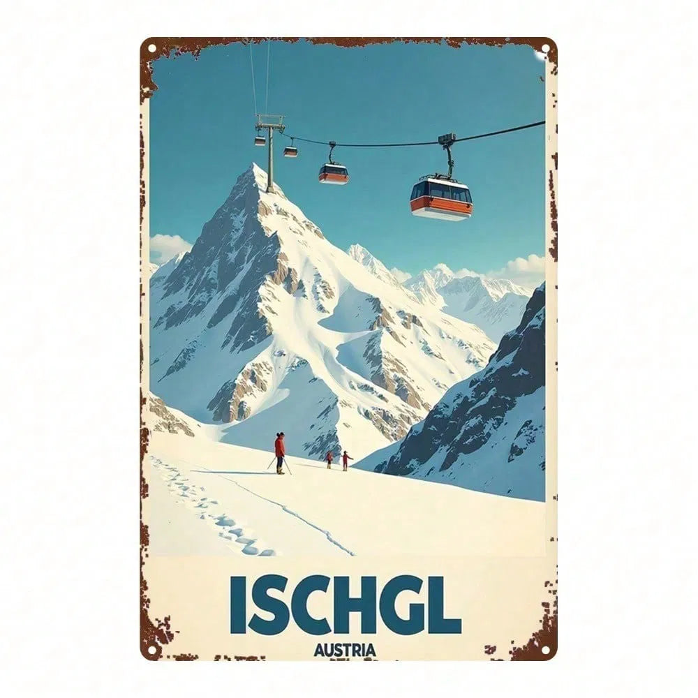 1pc 2D Flat Metal Sign Winter Ski Resort Ischgl Austria Snow Scene Tin Art Square Iron Hanging Painting - view 6