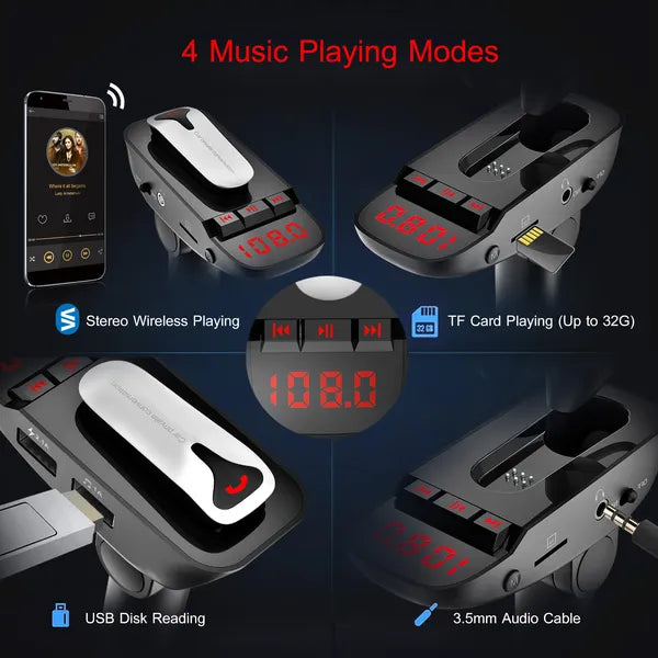 Car FM Transmitter W / Wireless Earpiece 2 USB Charge Ports Hands-free Call MP3 Player - view 5