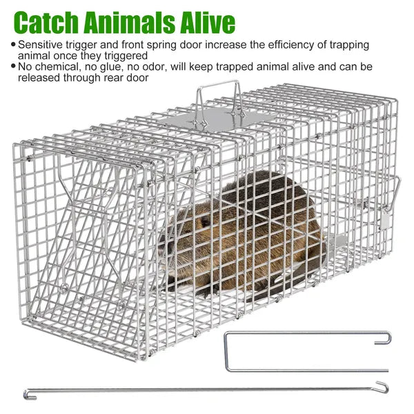 Humane Cat Trap Cage With Waterproof Cover Gloves Catch Release Live Animal Rodent Cage Collapsible Galvanized Wire - view 5