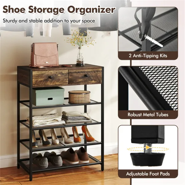 Multifunctional Entryway Storage - 5-Hook Coat Rack 2-Drawer Shoe Stand With 4 Mesh Shelves - view 5