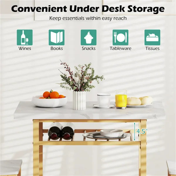 3-Piece Dining Table Set (White + Gold), Space-Saving Tuck-under Chair Design - view 5
