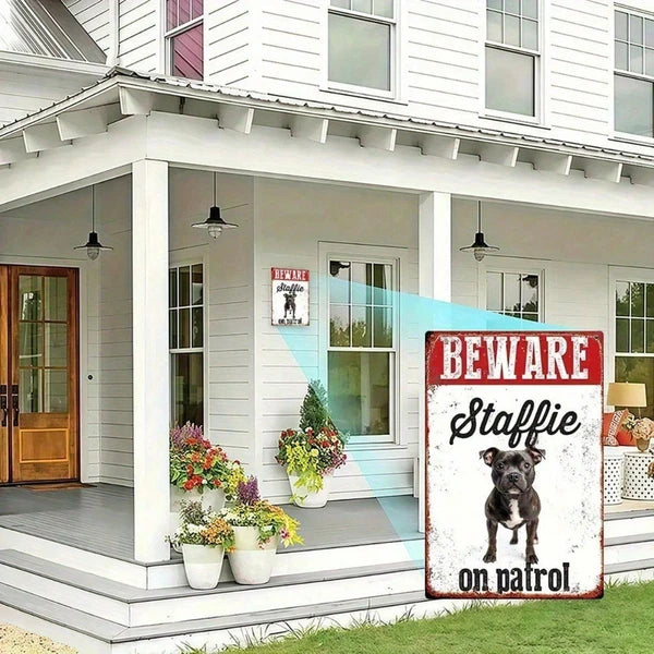 Vintage Metal Sign "Beware Staffie On Patrol" 8x12 Inch Rustic Farmhouse Wall Decor Humorous Warning Plaque Durable Tin - view 5