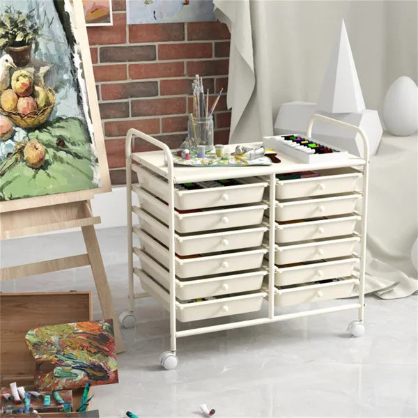 12-Drawer Rolling Storage Cart - 2-Row 10-Storey, Multicolor Drawers, 4 Wheels (2 Brake), White Frame-White - view 5