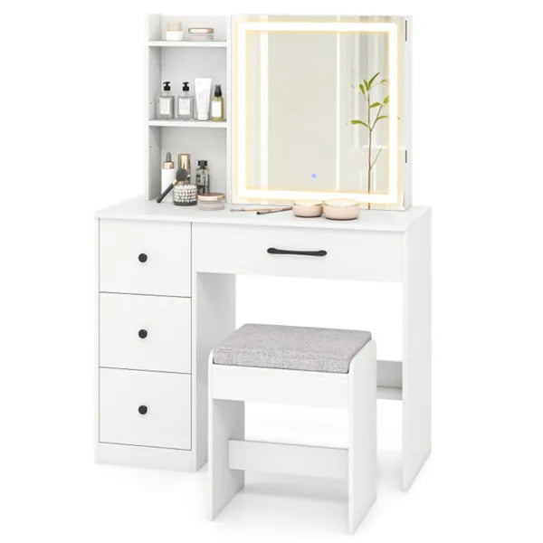 White Vanity Desk And Stool Set With Sliding Mirror & 3-Mode LED Light Strip - view 5