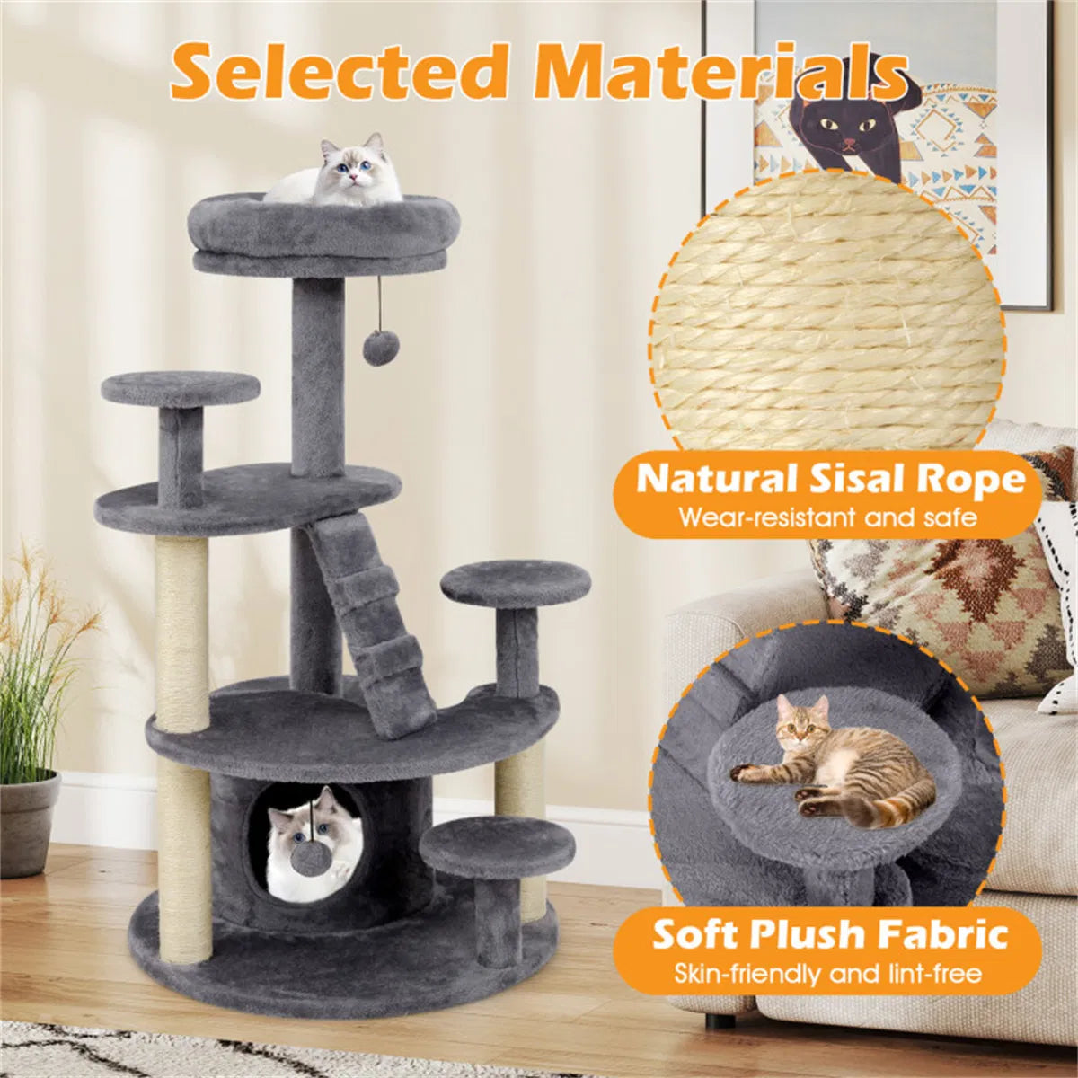 40" Multi-Level Cat Tree for Munchkin & Old Cats - Stable Wide Base, Soft Padded Perch + Large Condo (Gray) - view 9