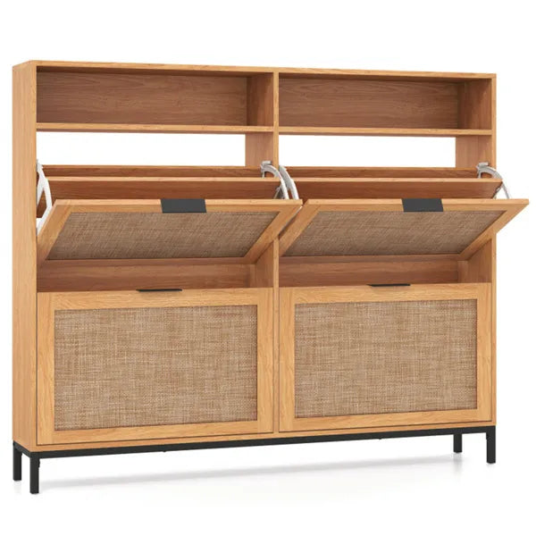 Boho Style Shoe Cabinet Cabinet With 4 Flip Drawers & Open Shelves, Freestanding Shoe Organizer For Entryway - view 5