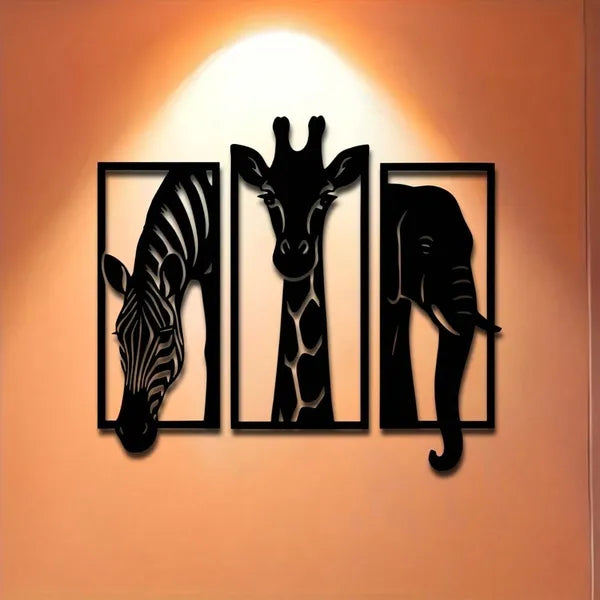 Metal Baked Paint African Animal 3-Piece Wall Art Set Zebra Giraffe Elephant Home Decor - view 6