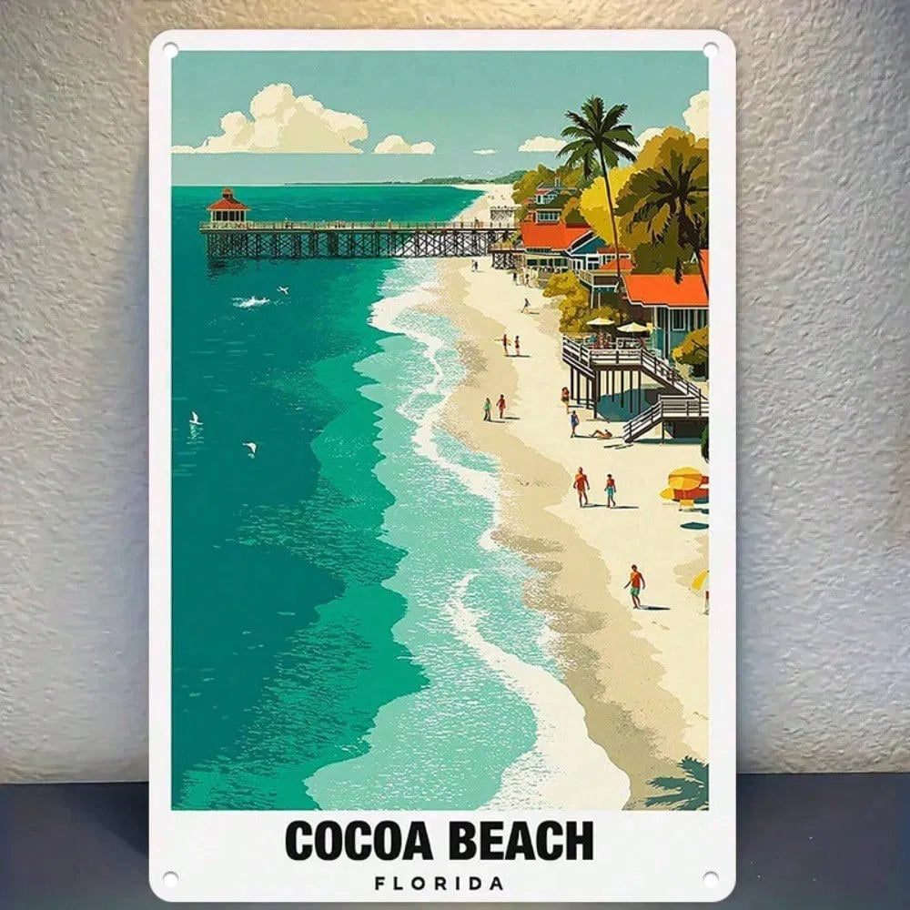 1pc Retro Cocoa Beach Florida Metal Tin Sign, Vibrant Coastal Paradise Travel Poster Wall Art, Durable Iron Home Decor - view 6