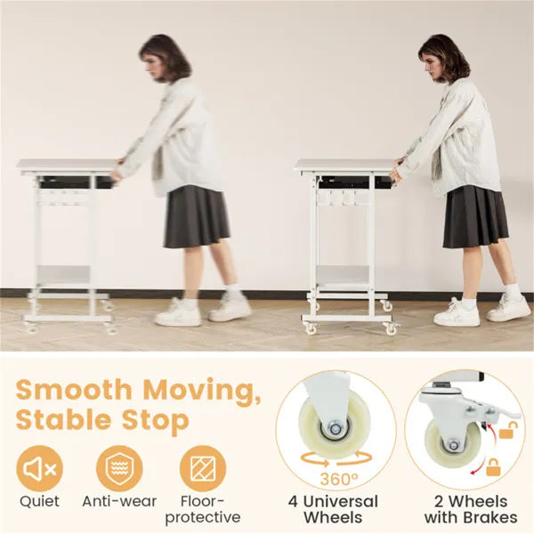 White Mobile Computer Desk With Keyboard Tray & Storage Shelf, 360 Lockable Casters For Home Office - view 6