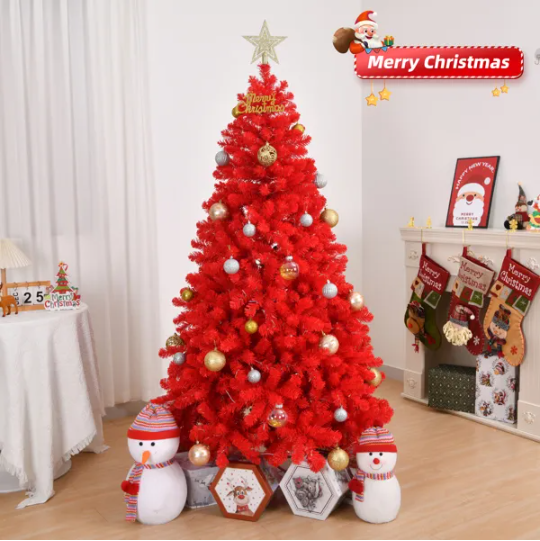 6 FT Artificial Christmas Tree, Unlit Hinged Christmas Pine Tree With 800 Branch Tips And Sturdy Metal Stand, Red - view 4