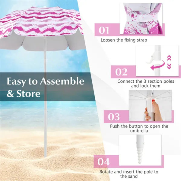 4-Piece Beach Set With 6.2ft Sun-Proof Umbrella, 2 Folding Chairs & 80 X 80 Waterproof Blanket-Pink - view 6