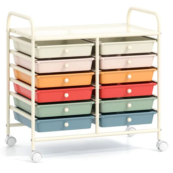12-Drawer Rolling Storage Cart - 2-Row 10-Storey, Multicolor Drawers, 4 Wheels (2 Brake), White Frame-Macaron - view 5