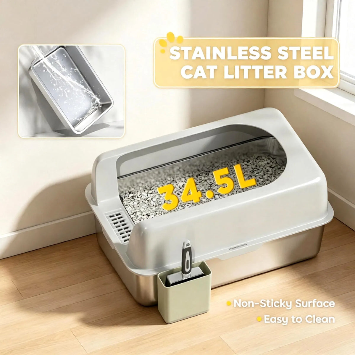 Light Gray 2 Pack High Sided Stainless Steel Litter Box Anti-Urine Leakage for Multi-Cat Households - view 8