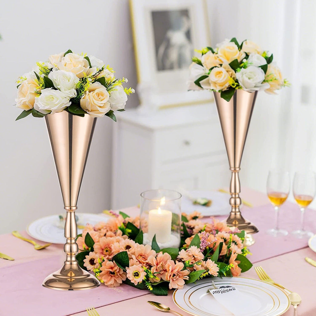 Golden Vase Flower Wedding Centerpieces For Tables 14 In Tall Flower Display Stand Wedding Metal Flower Arrangement - view 10