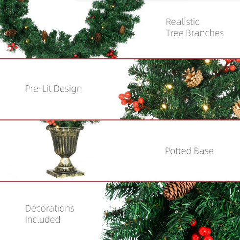 HOMCOM Prelit Holiday Christmas 4-Piece Set, Garland Wreath And Set Of 2 Entrance Trees With Warm White LED Lights - view 10