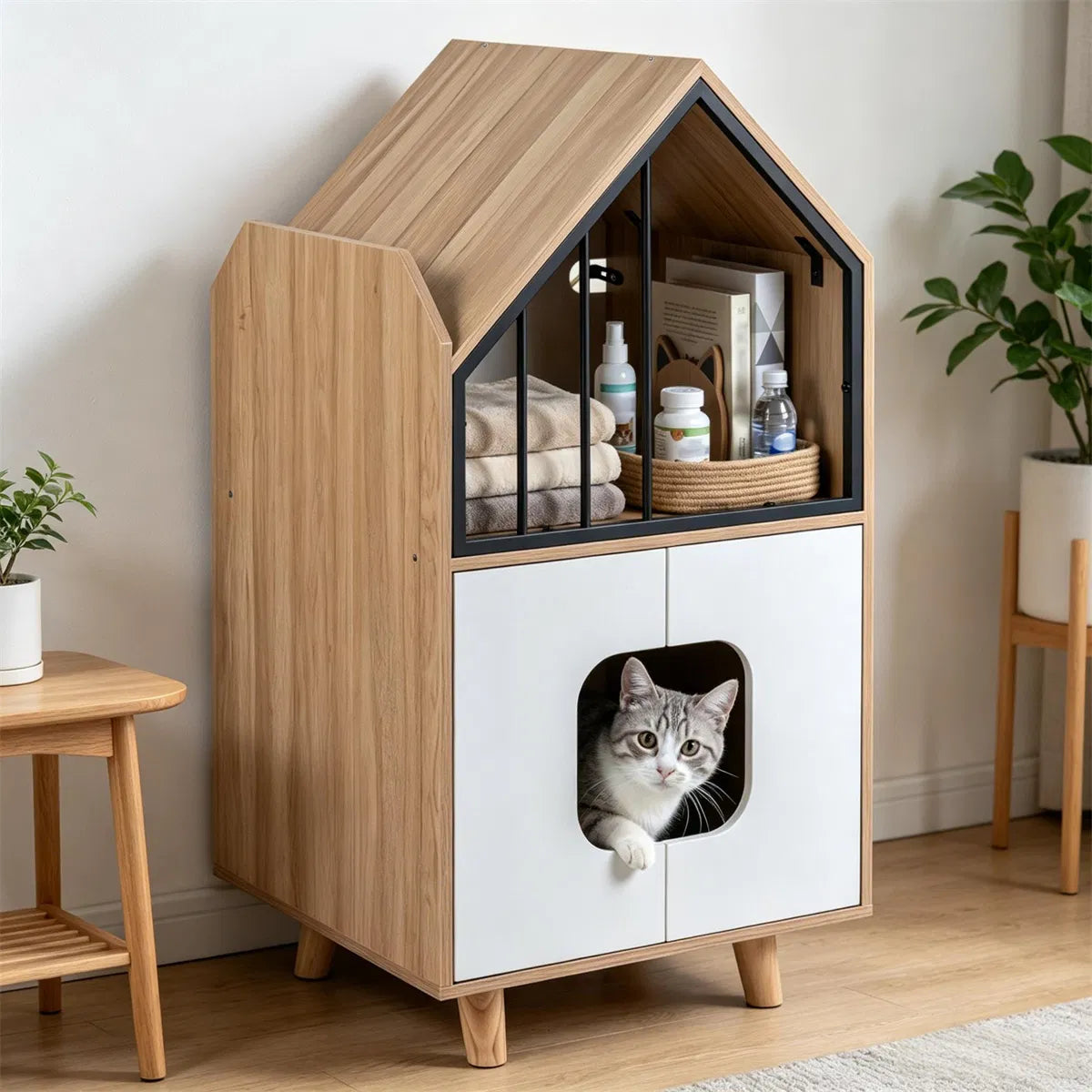 Natural & White Hidden Cat Litter Box Furniture, Elevated Cat Lounge Top Enclosed Cat Washroom Cabinet with Raised Legs - view 10