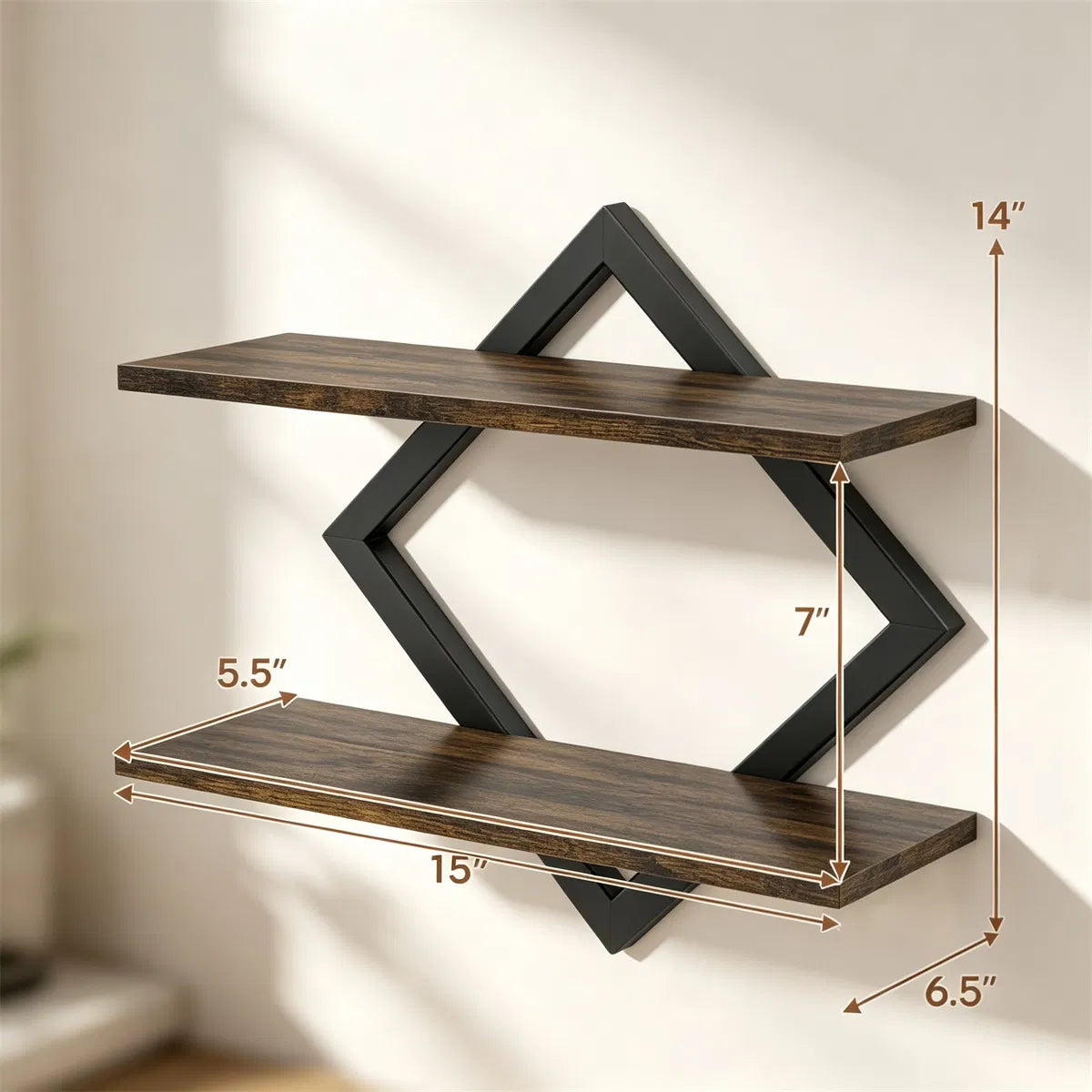 Black Rustic Brown 2Tier Floating Wall Shelves Set of 2, Diamond Metal Frame Wall Mounted Storage Shelves for Living - view 8