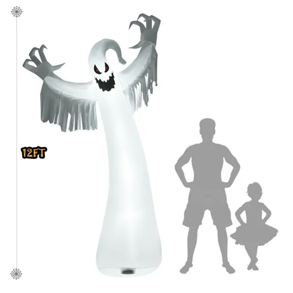 Spooky Halloween Inflatable Ghost - 12 Ft Tall With LED Lights, Waterproof Fabric, Spikes Ropes For Stability, White - view 5