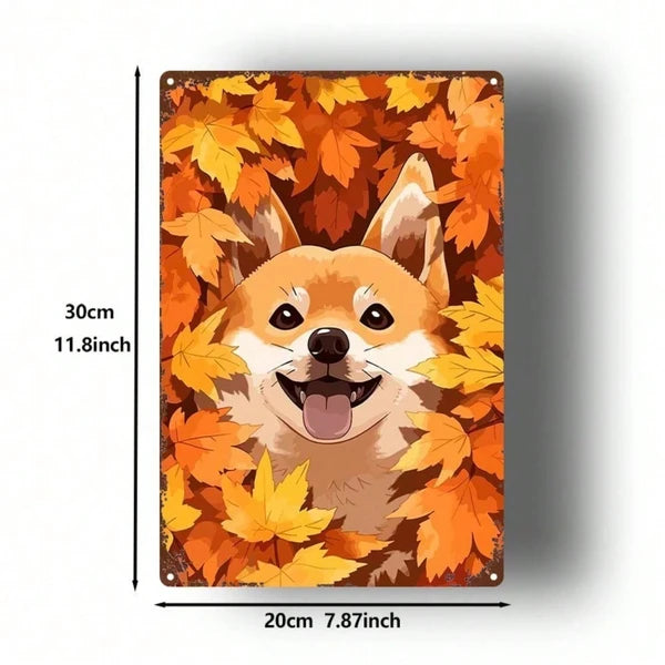 Cute Shiba Inu Metal Sign Autumn Leaves Dog Plaque Sturdy Tin Wall Art Home Decor Kitchen Bedroom Bar Restaurant 2D Flat - view 5